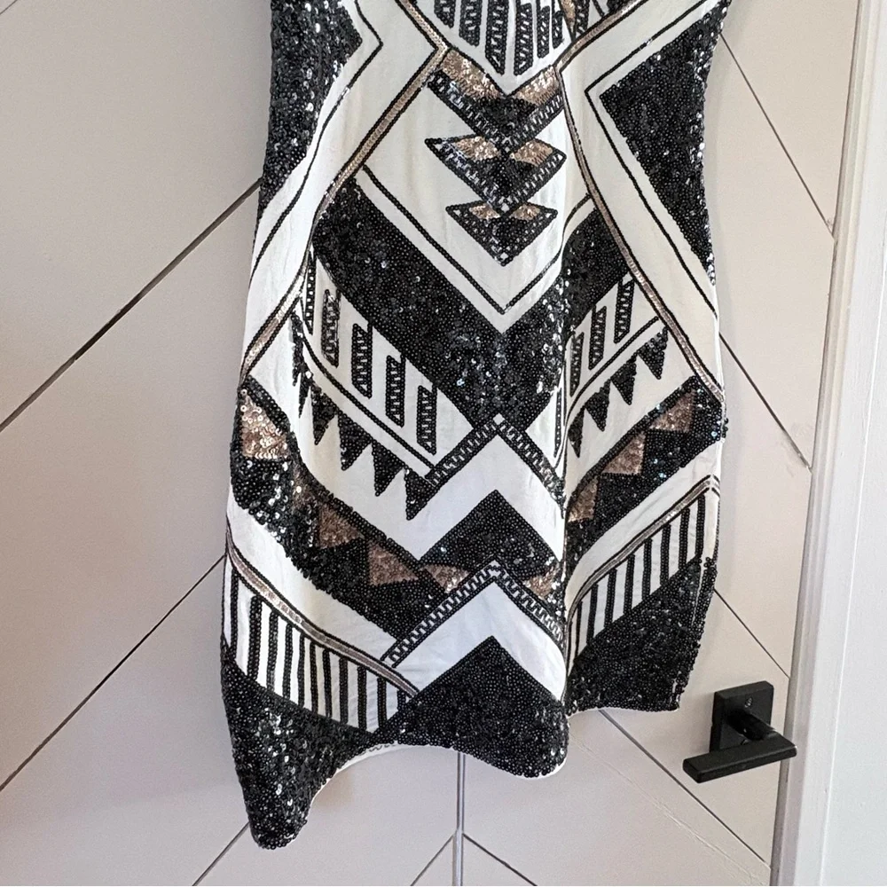 Express Art Deco Sequin Mini Dress Black Gold Silver Geometric Party Dress Small - Picture 4 of 7